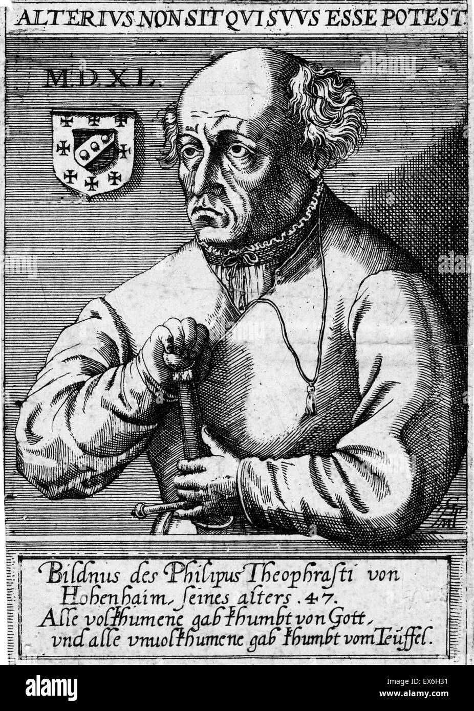 Portrait of Paracelsus (1493-1541) Swiss German Renaissance physician, botanist, alchemist, astrologer, and general occultist. He founded the discipline of toxicology. Half figure facing to the left. He is holding a sword in his hands. There is a shield i Stock Photo
