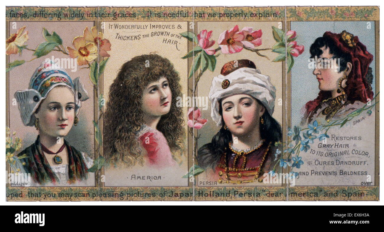 Patent medicine label for unnamed women's hair tonic which 'restores gray hair ... cures dandruff and prevents baldness. Illustrated with busts of typical women of Holland, America, Persia, and Spain. 1860 Stock Photo