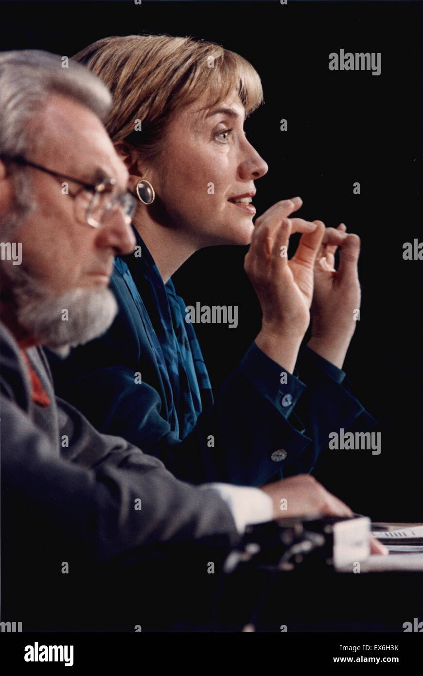 Everett Koop and Hillary Clinton promoting universal health insurance 1993 Stock Photo