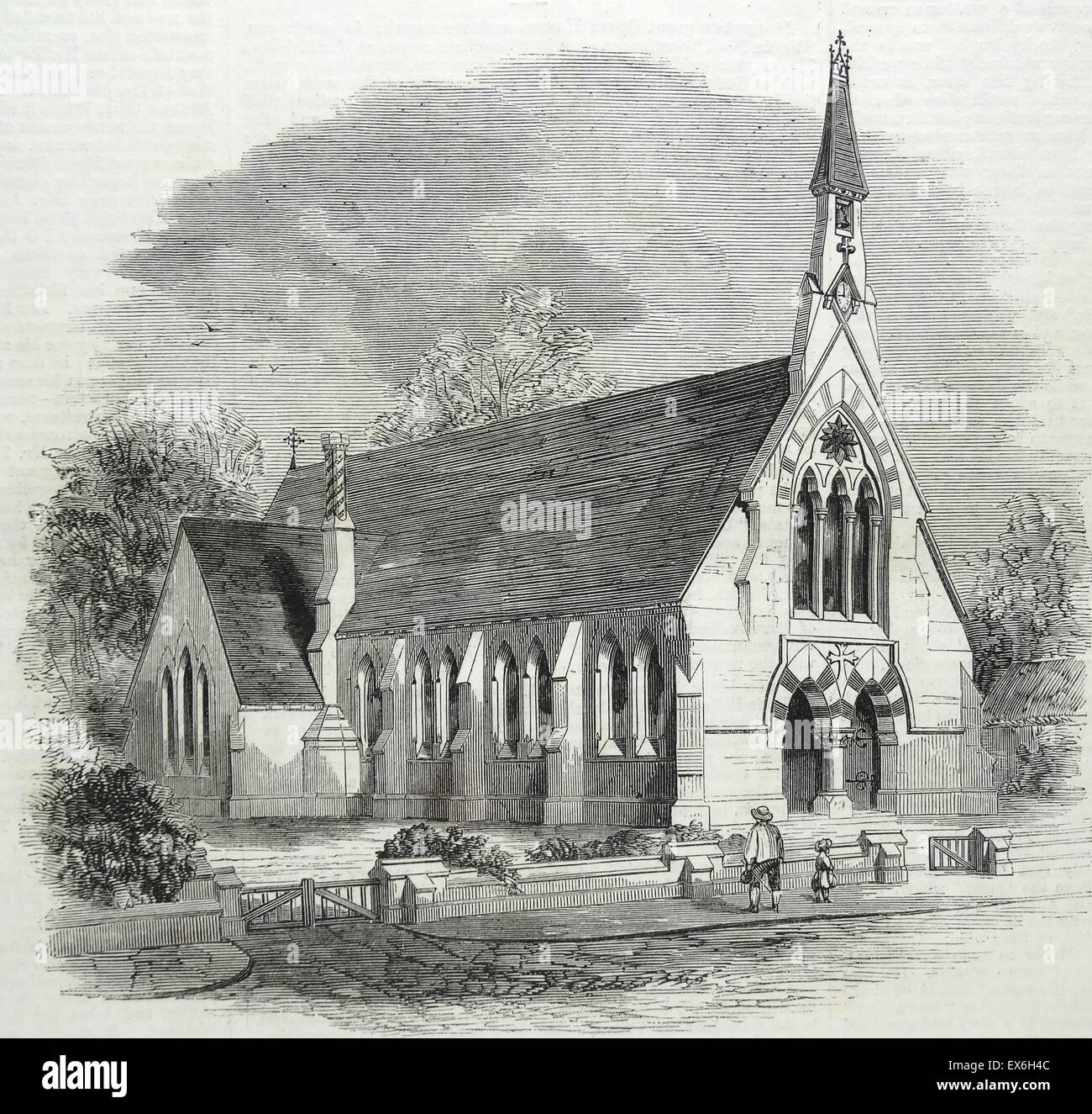 Engraving of the exterior of the Holy Trinity Chapel School at Reach, Cambridgeshire. Dated 1860 Stock Photo