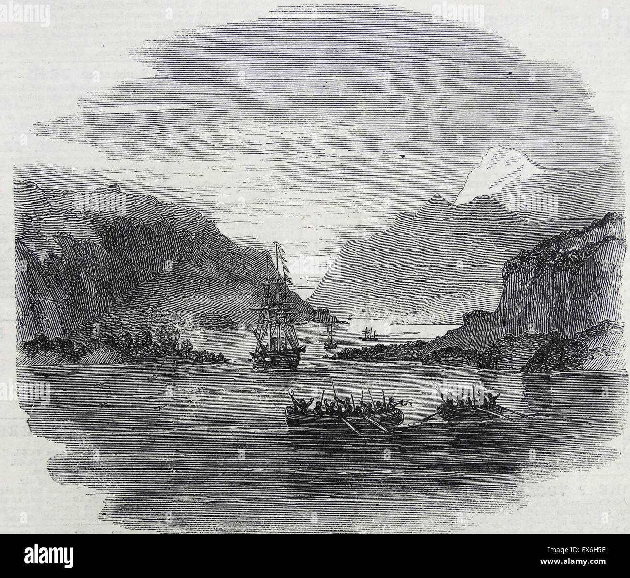Engraving depicting of the H.M.S. 'Termagant' passing English narrows. Dated 1860 Stock Photo