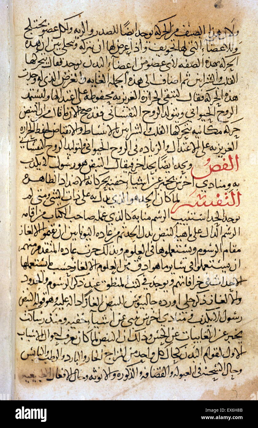 sample page from Ibn Ab? ??diq's commentary on ?unayn ibn Is??q's Question on Medicine for Beginners, in which rubrications indicate a section of the text by ?unayn, followed by the commentary on the passage by Ibn Ab? ??diq, also indicated by a heading i Stock Photo