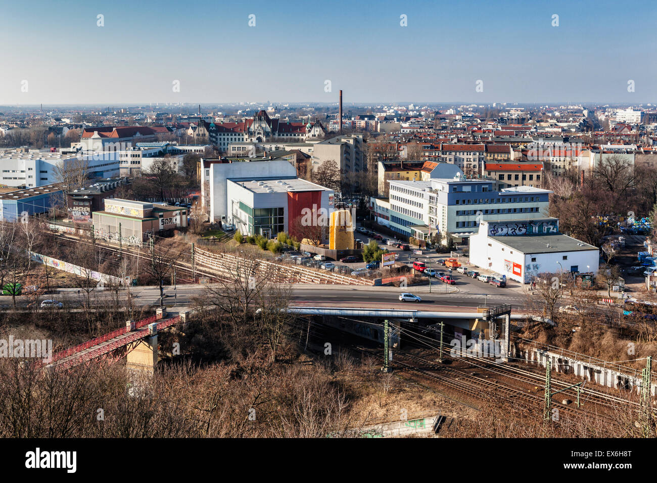 Urban landscape view of Berlin city buildings & highways from Volkspark Humboldthain park anti-aircraft tower viewing platform Stock Photo