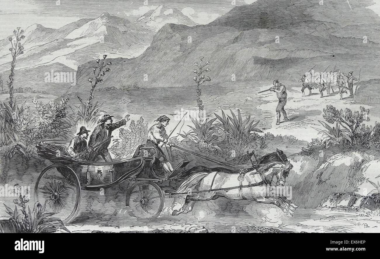 Engraving titled 'A Narrow Escape' depicting a man taking aim at a horse and carriage. Dated 1860 Stock Photo