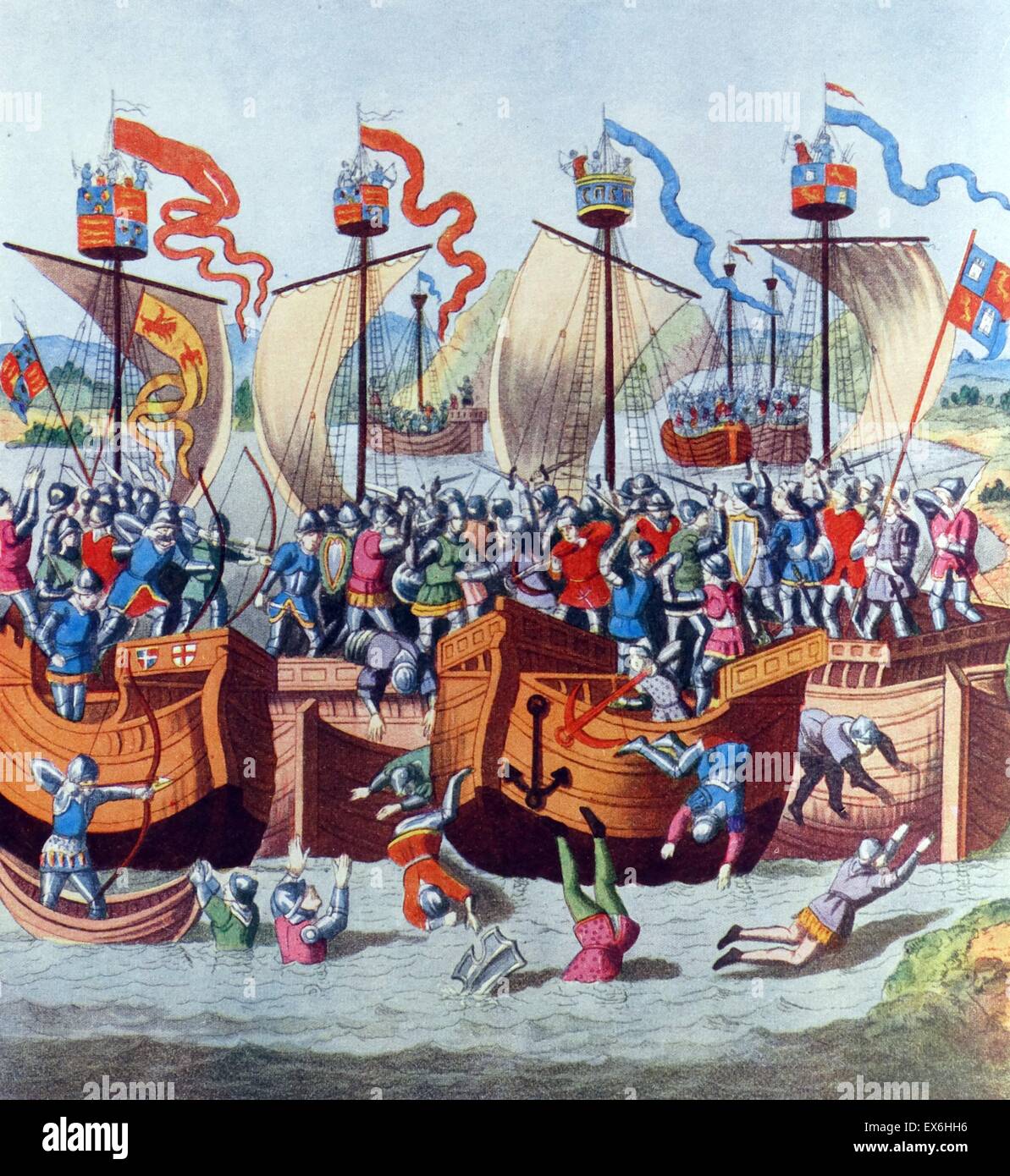Painting titled 'The Battle off La Rochelle' depicts a battle between ships. Coloured aquatint by J. Harris in 1804. Original dated 1372. Stock Photo