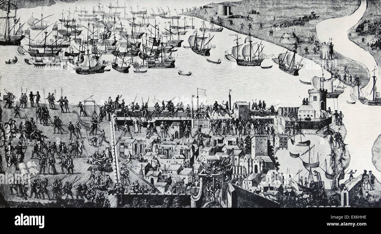 Line engraving of the action off Portsmouth during founding of the Mary