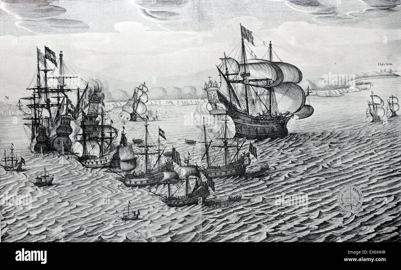 Line engraving of the capture of the Spanish Silver Fleet near Havana. On the left, Piet Hein's ship alongside one of the two Galleons captured. Engraved by D. van Brenden. Dated 1628 Stock Photo