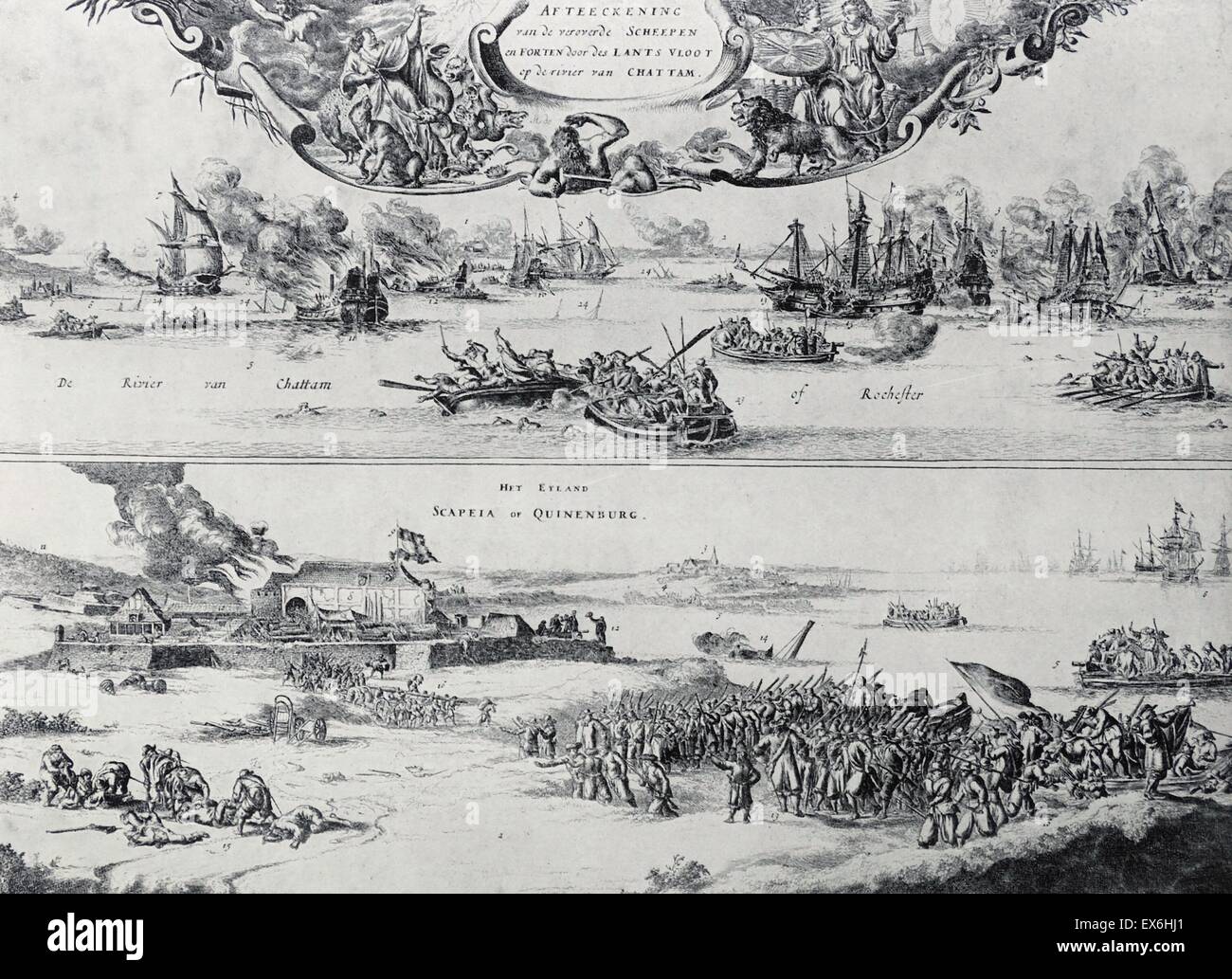 Etchings of the Dutch attack on the Medway. Above: The burning of the English ships. Below: The attack on the Fort at Sheerness. Etched by R. de Hooge. Dated 1667 Stock Photo