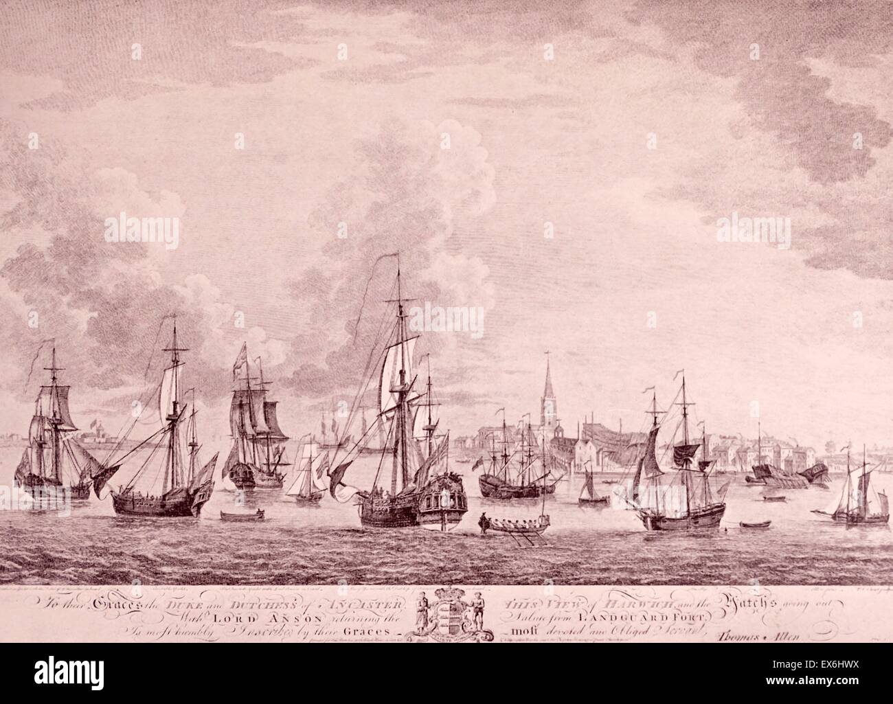 Line engraving of the journey of Princess Charlotte to England. The Mary yacht and other vessels under Anson's command leaving Harwhich. Engraved by P.C. Canot. Dated 1761 Stock Photo