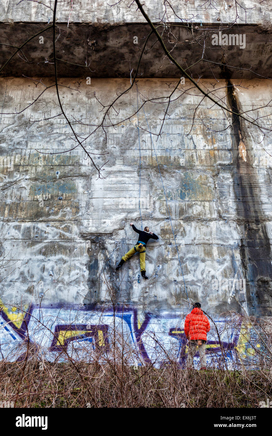 Berlin Volkspark Humboldthain public park, woman climber on climbing