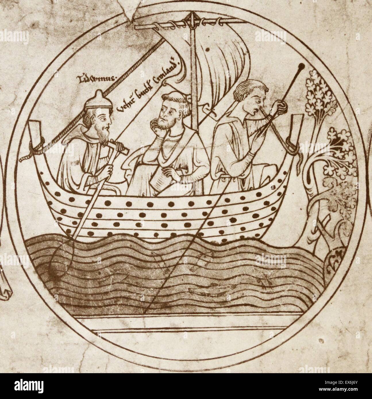 Roundel from the twelfth-century Guthlac Roll showing St. Guthlac, the 'comforter' of King Ethelbald's exile, being taken up the River Welland by Tetwine to begin his hermitage in 699. From The Island Race, a 20th century book that covers the history of t Stock Photo