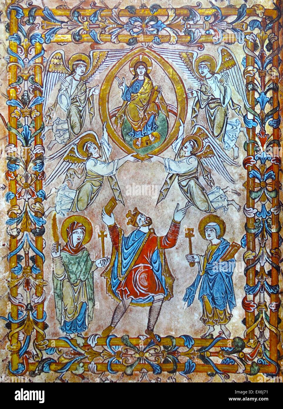King Edgar offering the Charter of Westminster Abbey to Christ. The Virgin Mary and St. Peter flank the King. Taken from the eleventh-century Hyde Abbey Register. From The Island Race, a 20th century book that covers the history of the British Isles from Stock Photo