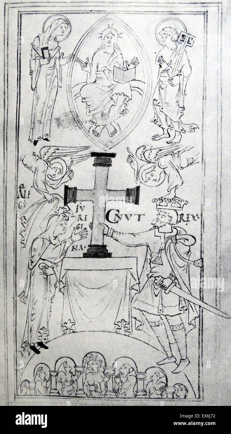 King Canute and Queen Elgifu at the dedication of Newminster Abbey, Winchester. From the eleventh-century Hyde Abbey Register. From The Island Race, a 20th century book that covers the history of the British Isles from the pre-Roman times to the Victorian Stock Photo