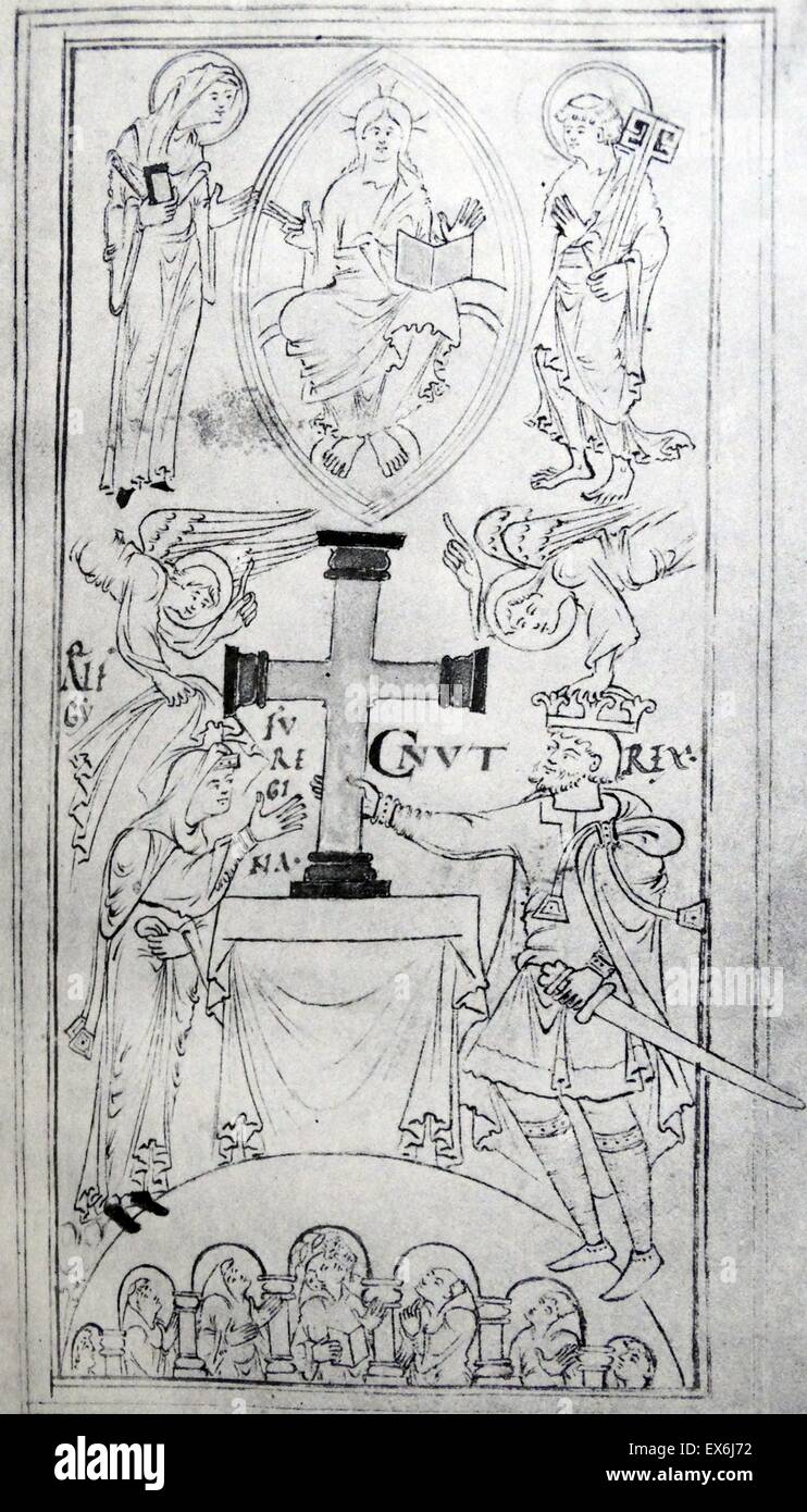 Canute I the Great (c.995-1035), Viking King of England, Denmark, Norway,  Canute demonstrating to his flatters that only God can command the tides,  From The Imperial History of England by Theophilus Camden (