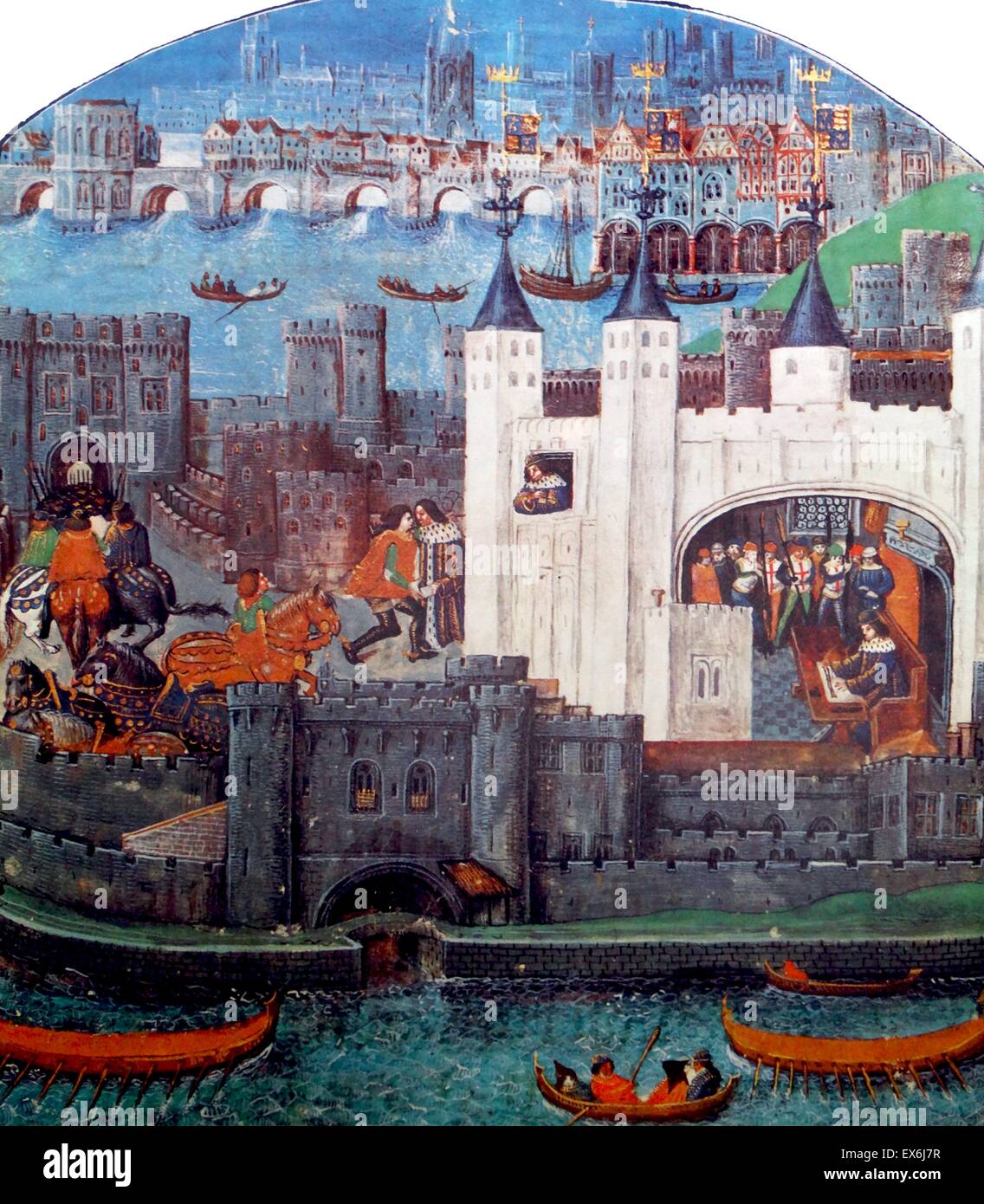 The Tower of London, a manuscript illustration from the Poems of Charles,  Duke of Orleans. Charles d'Orleans was imprisoned in the Tower after his  capture at Agincourt. From The Island Race, a