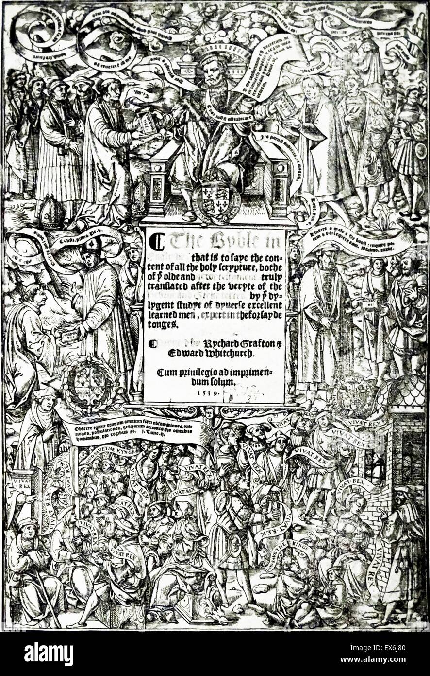 The frontispiece to the Great Bible, 1539-41, showing Henry VIII presenting it to Cromwell, his Vicar-General and to Archbishop Cranmer.