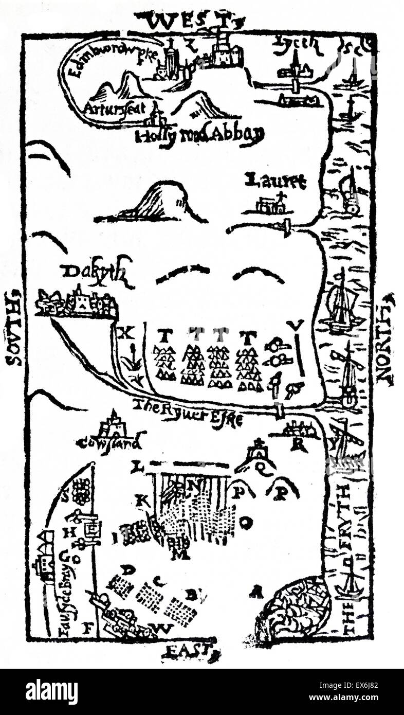 The Battle of Pinkie, September 1547, from Patten's 'The Expedicione into Scotlande… Of Edward Duke of Somerset'. A, B, C and D, the English Army. M, N, O, the Scottish Army. T, the Scottish tents, Y, 'our galley', Z, Edinburgh Castle. From The Island Rac Stock Photo