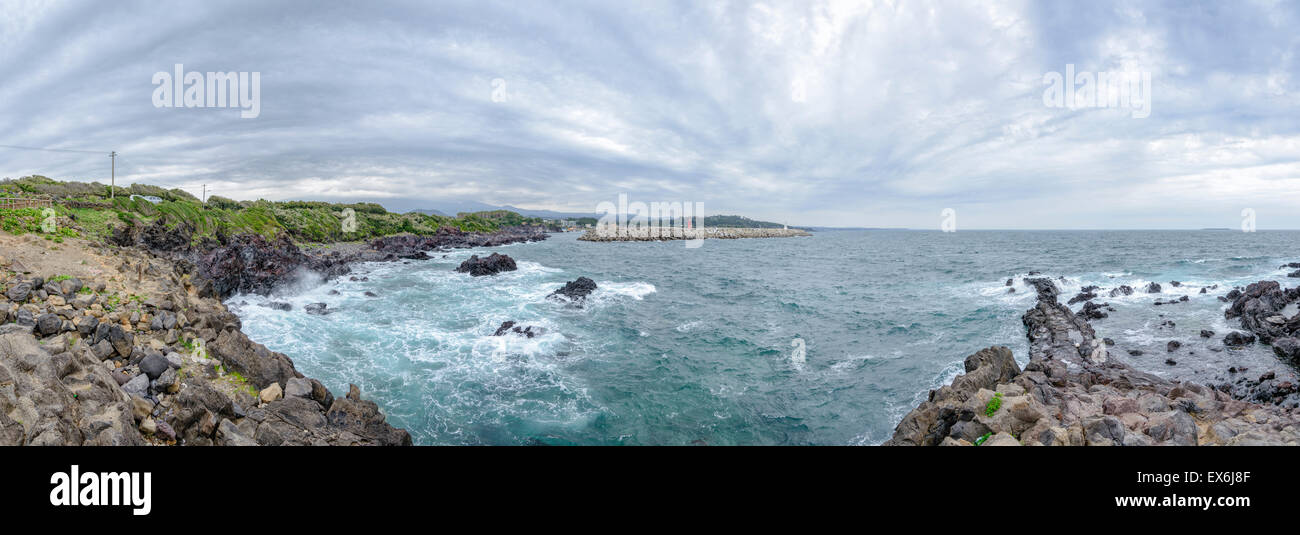 Panorama of Hahyo port, located near the Soesokkak estuary, in Jeju island, Korea. Stock Photo
