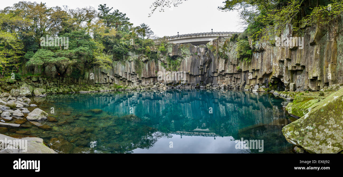 Cheonjeyeon No. 1 cascade. Cheonjeyoen falls (means the pond of God) consists of 3 falls. A variety of plant life, inclued Psilo Stock Photo