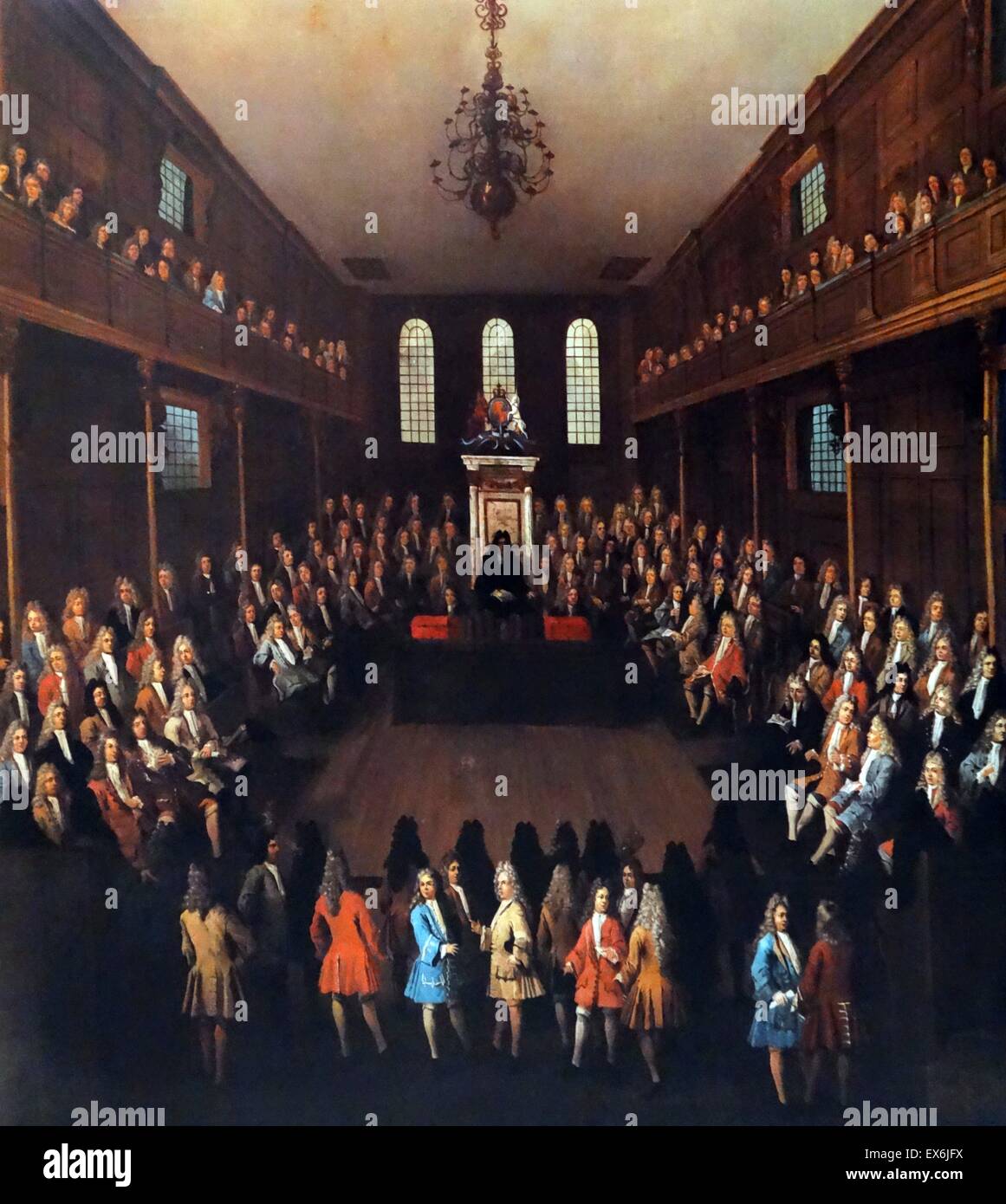 The House of Commons in session, 1710. Sir Richard Onslow in the Speaker's chair. From a painting by Peter Tillemans. From The Island Race, a 20th century book that covers the history of the British Isles from the pre-Roman times to the Victorian era. Wri Stock Photo
