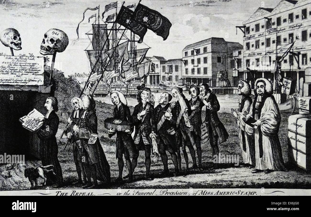 Contemporary cartoon showing Grenville carrying the coffin of the infant 'Miss Americ-Stamp' to her grave. The repeal of the 1765 Stamp Act by Rockingham's Government was welcomed in England and America. From The Island Race, a 20th century book that cove Stock Photo