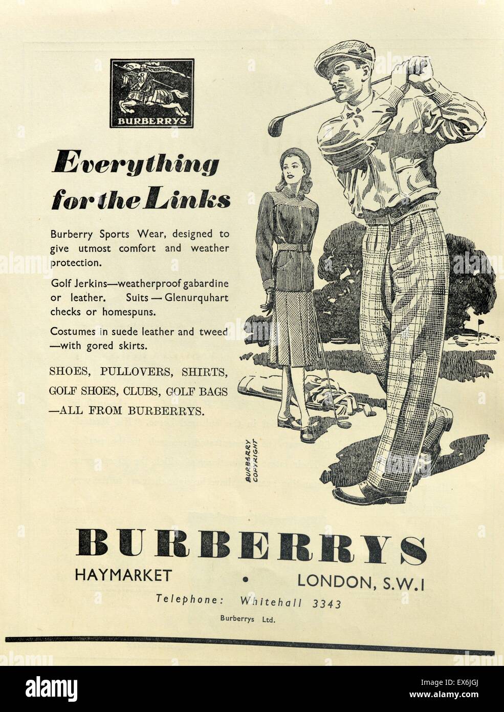 Advert for Burberry sport clothes showing a man and woman at golf 1948 Stock Photo