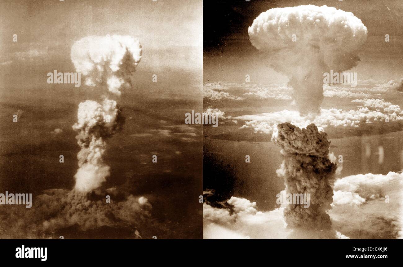 World War II, Atomic bomb mushroom clouds over Hiroshima (left) and Nagasaki (right), August 1945 Japan Stock Photo