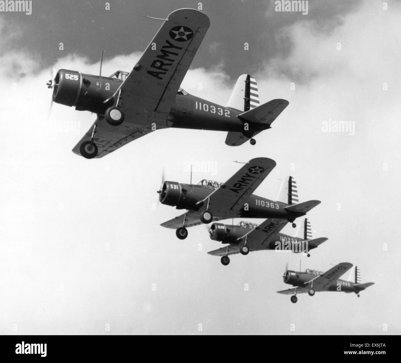 Flight of US Army BT-13A Valiant aircraft before World War two in 1939 -