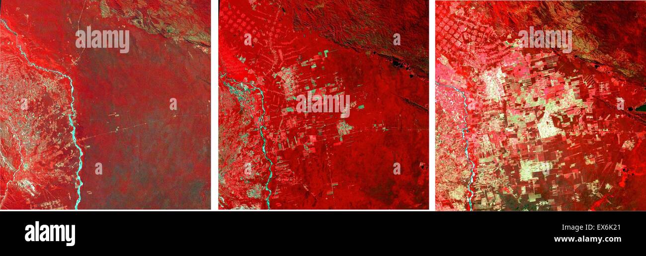 progression of deforestation in Bolivia from 1975 to 2000. This area lies east of Santa Cruz de la Sierra, Bolivia, in an area of tropical dry forest. Stock Photo