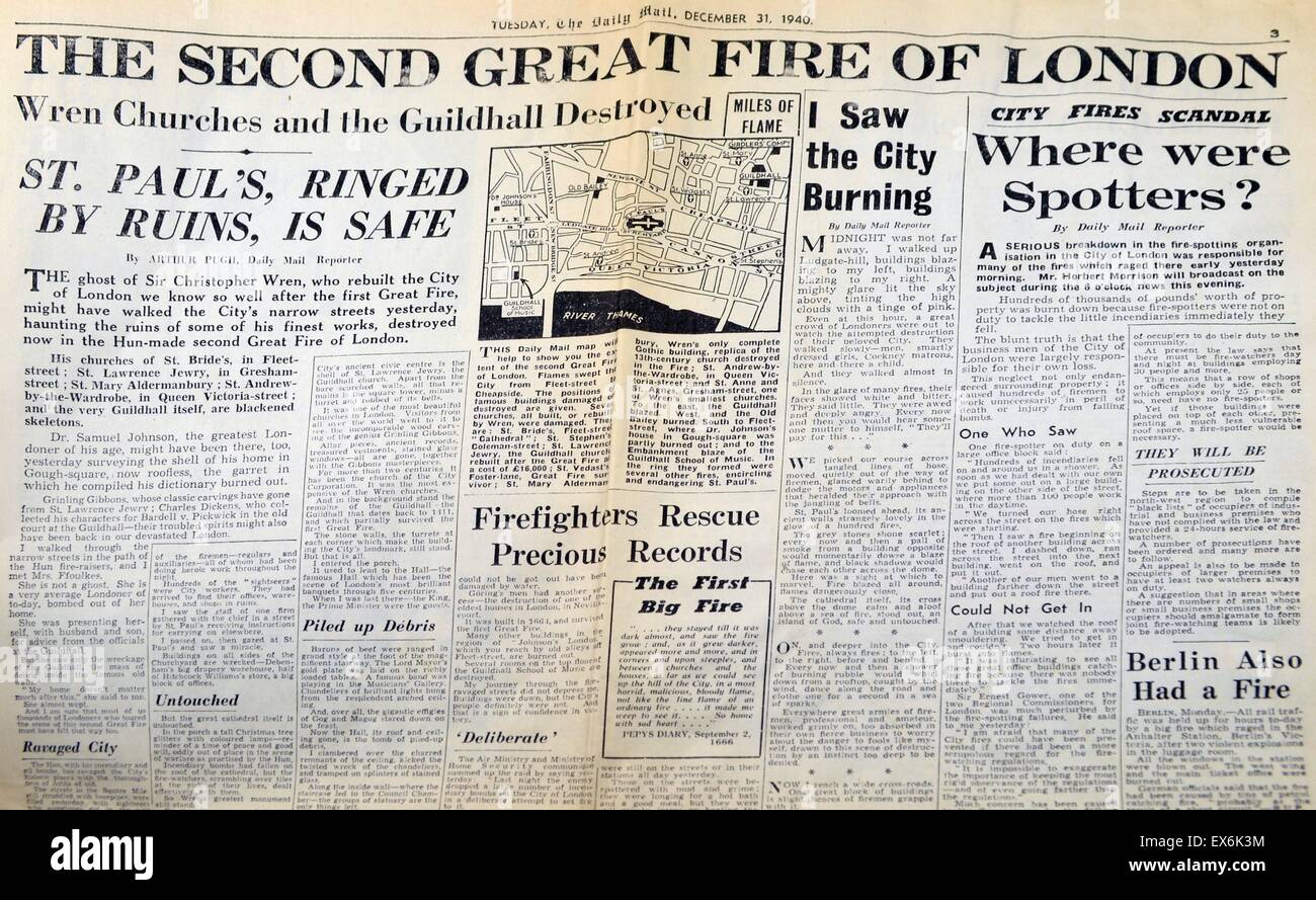 Daily Mail article of December 31st 1940 describing the bombing near St Paul's cathedral in London during the Blitz in World war two Stock Photo