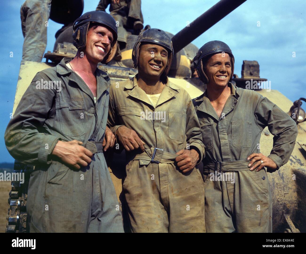Colour photograph of M-4 tank crew of the United States. Photographed by Alfred T. Palmer. Dated 1942 Stock Photo