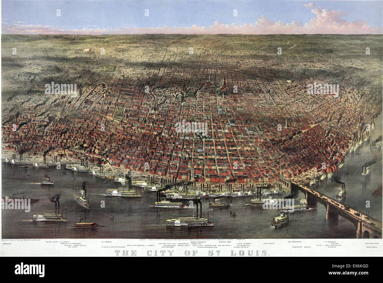 Colour sketch of the city of St Louis from a bird's eye view. Depicted in the sketch is the city of St Louis, Missouri and the Mississippi River. Dated 1874 Stock Photo