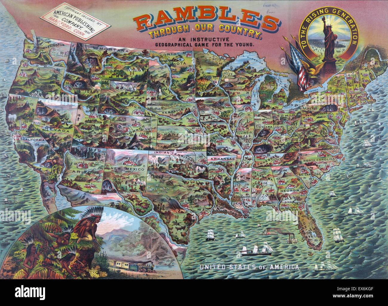 Geographical game called 'Rambles through our Country'. Created to teach young people geography. Dated 1890 Stock Photo