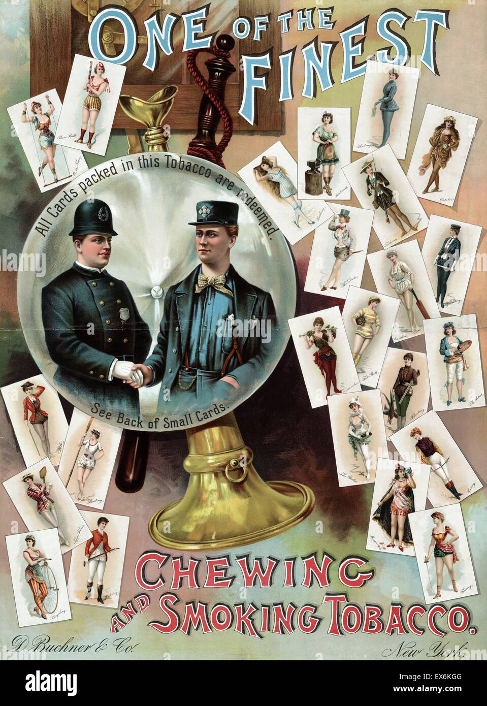 Colour poster for D. Buchner & Co. Tobacco products. Depicting a fireman shaking hands with a policeman, and premium cards depicting showgirls in costumes suggesting various sports and recreations. Dated 1890 Stock Photo