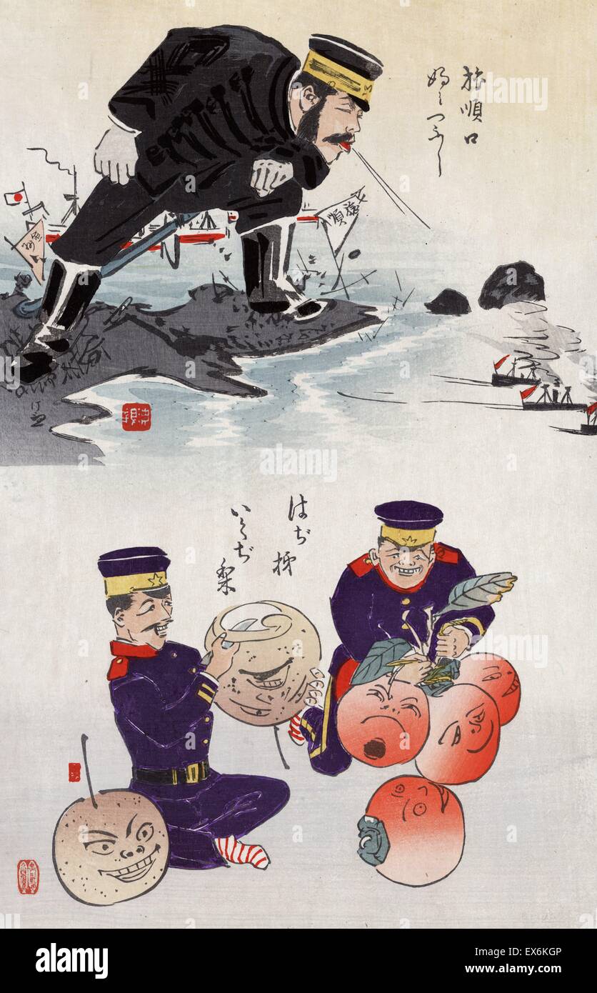 Colour print of humorous pictures depicting Chinese tactics. Created by Kiyochika Kobayashi (1847-1915). Dated 1895 Stock Photo