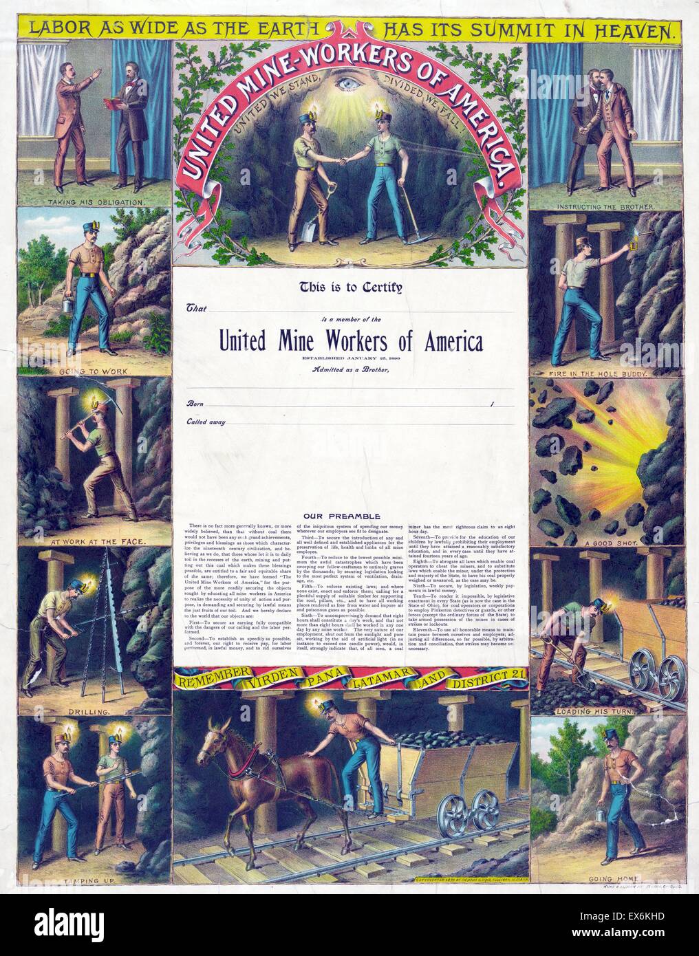 Illustrated certificate provided to members of the 'United Mine-Workers of America'. Created by Kurz and Alison Art Studio. Dated 1899 Stock Photo