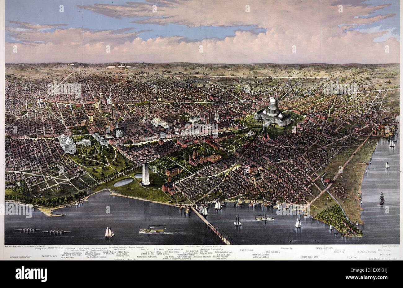 Arial view of Washington from the Potomac. Drawn by Charles Richard Parsons (1844-1918) and published by Currier and Ives. Dated 1880 Stock Photo