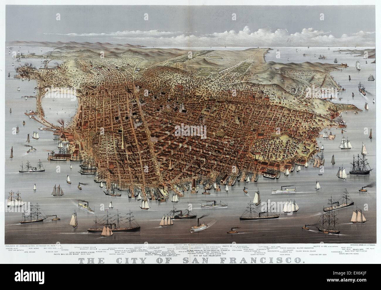 Bird's eye view of the City of San Francisco from the bay looking south-west. Drawn by Charles Richard Parsons (1844-1918) artist. Published by Currier and Ives. Dated 1878 Stock Photo