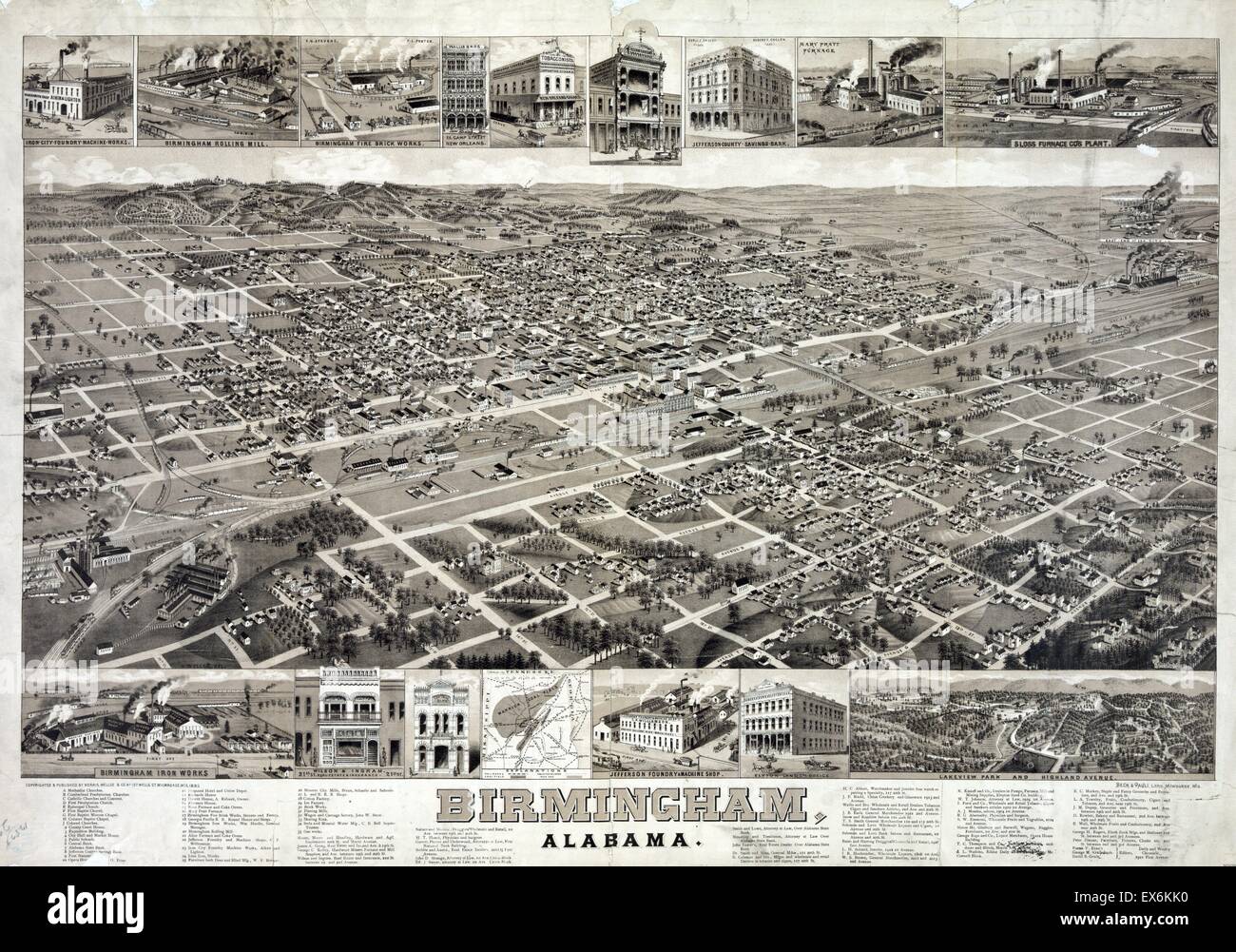 A composite of bird's-eye view of Birmingham, Alabama with a view Lakeview Park and Highland Avenue including. Dated 1885 Stock Photo