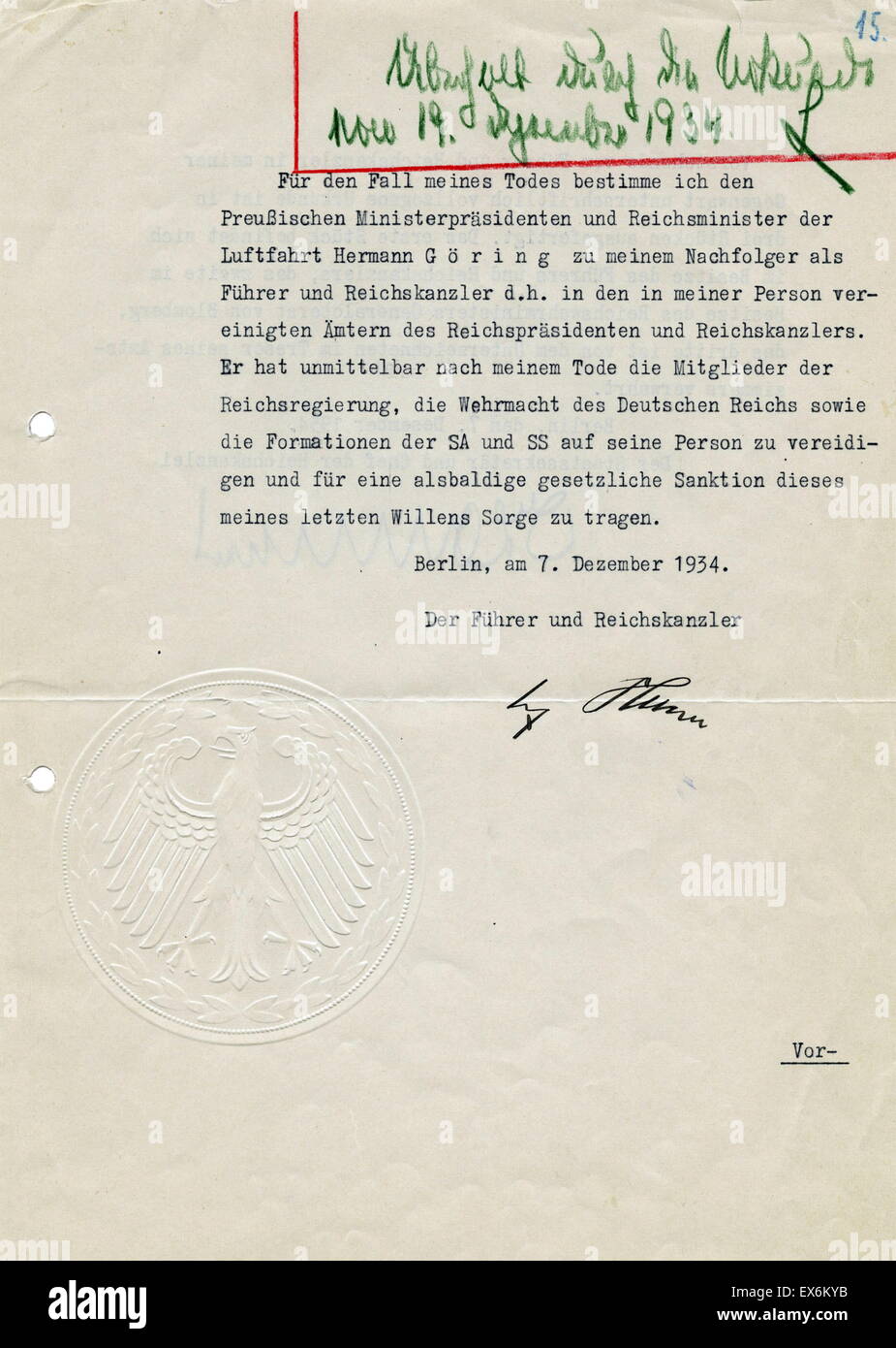 Testament of Adolf Hitler, 12-07-1934 Stock Photo