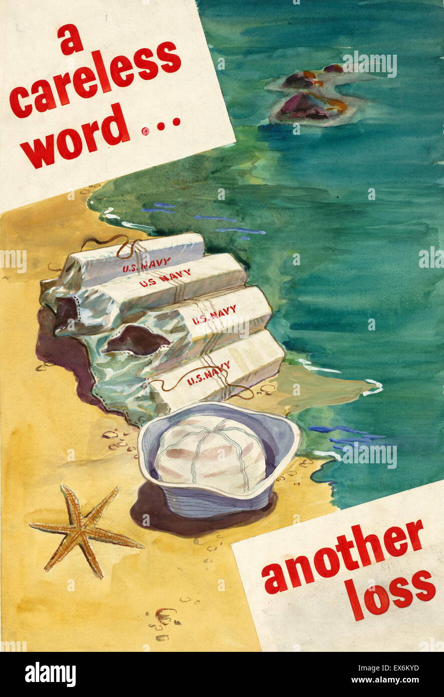 World War Two American propaganda poster ' a careless word… another loss. US Navy 1942 Stock Photo