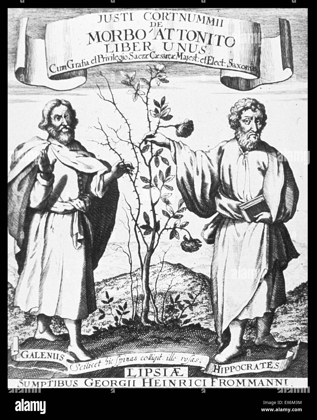 Galen and Hippocrates from the De morbo attonito liber unus ad Hippocraticam sanguinis in corpore humano periodum exaratus, title page 1677 Stock Photo