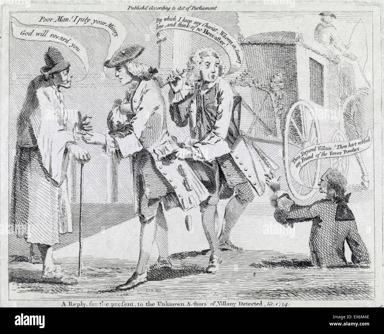 Dr. Robert James, inventor of a patent 'fever powder,' giving his medicine to a sick man as a quack doctor steals the medicine from the doctor's pocket and a ghost denounces the thief. 1754 Stock Photo