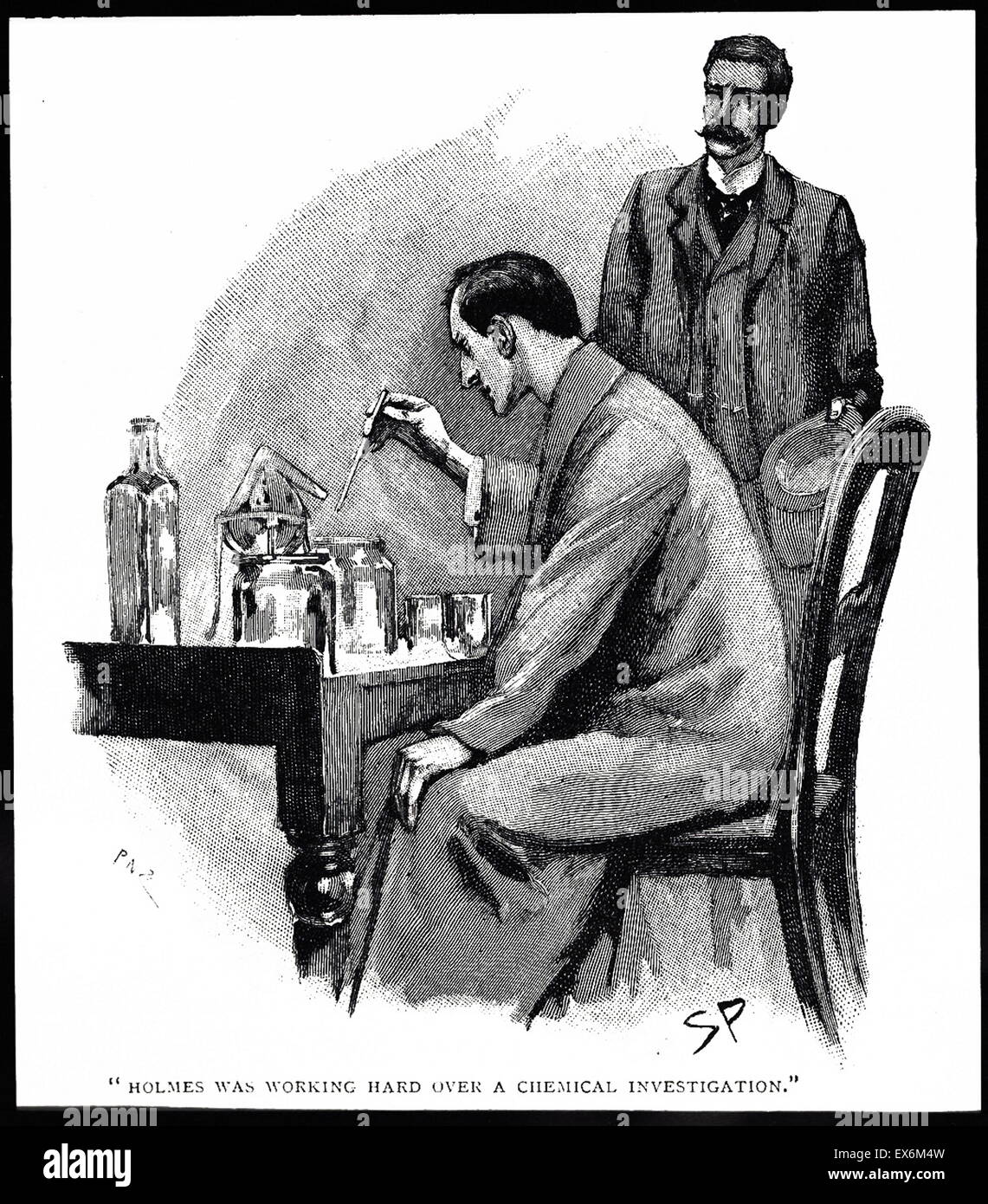 Sherlock Holmes working with chemical apparatus, 1892 Arthur Conan Doyle, The Adventures of Sherlock Holmes, London; Artist: Sydney Paget Stock Photo