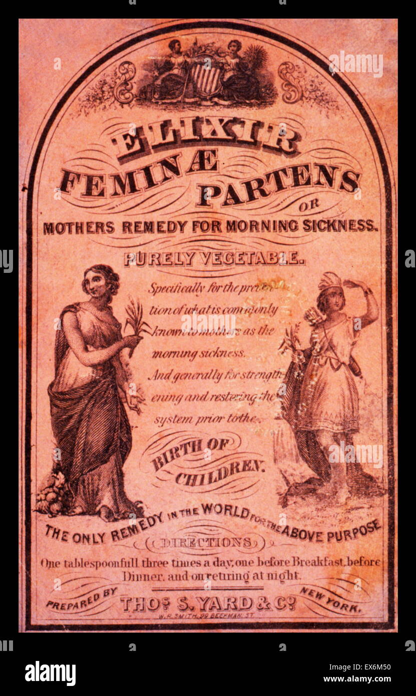 Patent medicine label illustrated with two women, one an American Indian, holding stalks from plants. 1875 Stock Photo