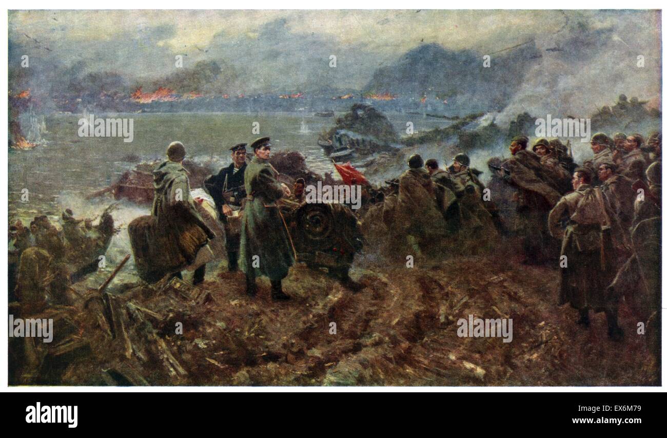 Colour print depicting Russian soldiers preparing to cross a river in Stalingrad during World War Two. Dated 1945 Stock Photo