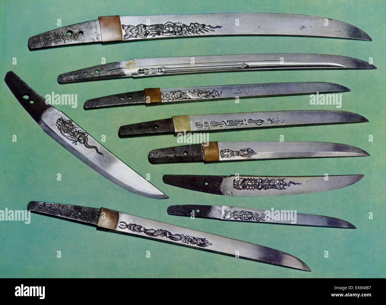 Collection of 14th Century engraved Japanese Tanto swords. Dated 14th Century Stock Photo