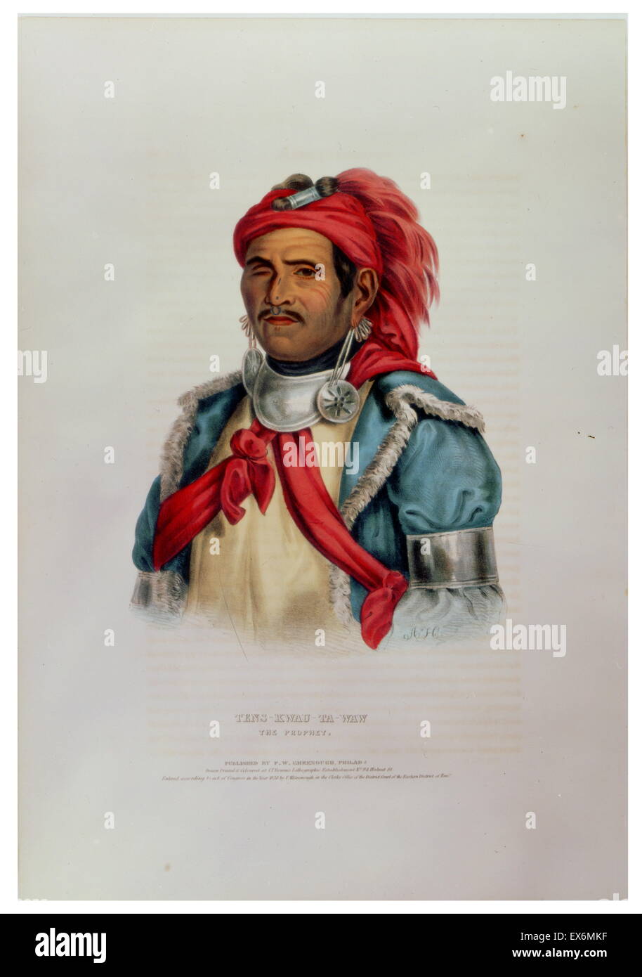 Tens-Kwau-Ta-Waw, the prophet, wearing head-scarf, earrings and metal armbands. He was the half brother of Shawnee leader Tecumseh and was active in organizing the First Nations against the Americans. Stock Photo