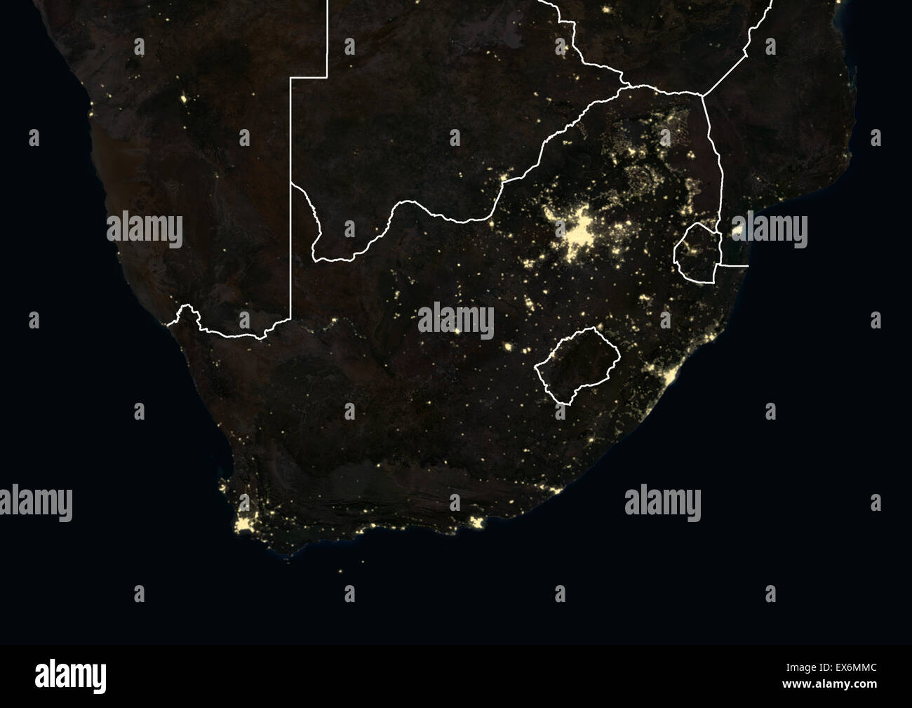 South Africa at night in 2012. This satellite image with country