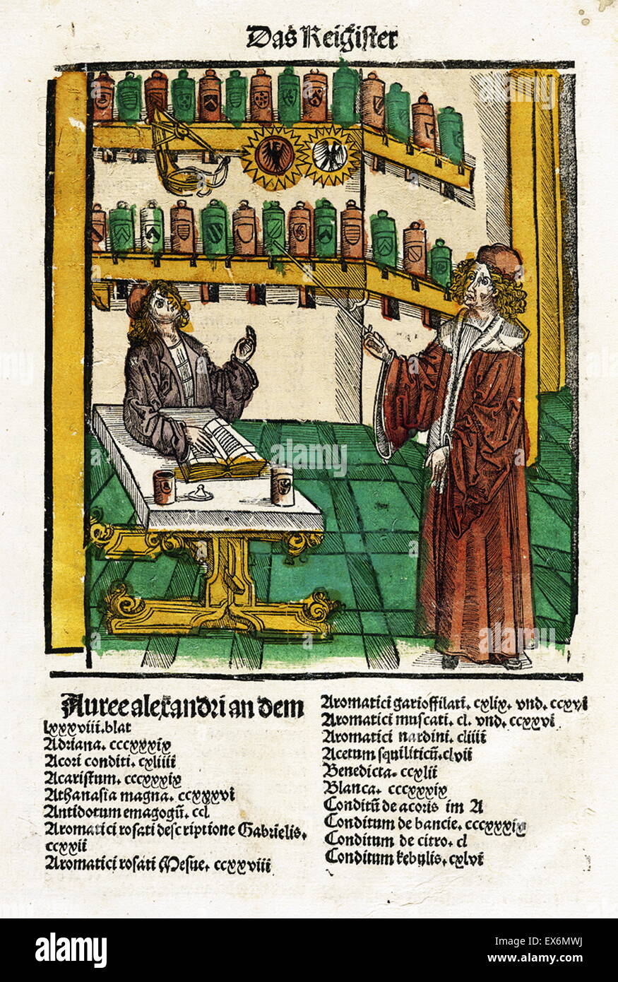 Illustration of an apothecary lessonHieronymus Brunschwig, Liber de Arte Distillandi de Compositis, 1512 Stock Photo
